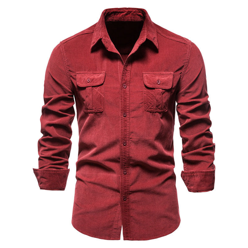 Men's Corduroy Shirts Long Sleeve Double Pockets Slim Fit
