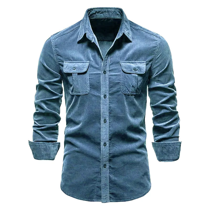 Men's Corduroy Shirts Long Sleeve Double Pockets Slim Fit