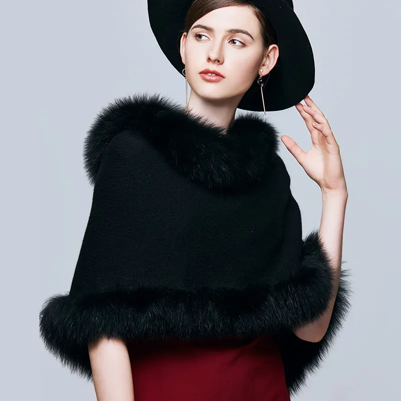 Women's Winter Wool Knitted Shawl Capes With Real Fox Fur Trim Poncho