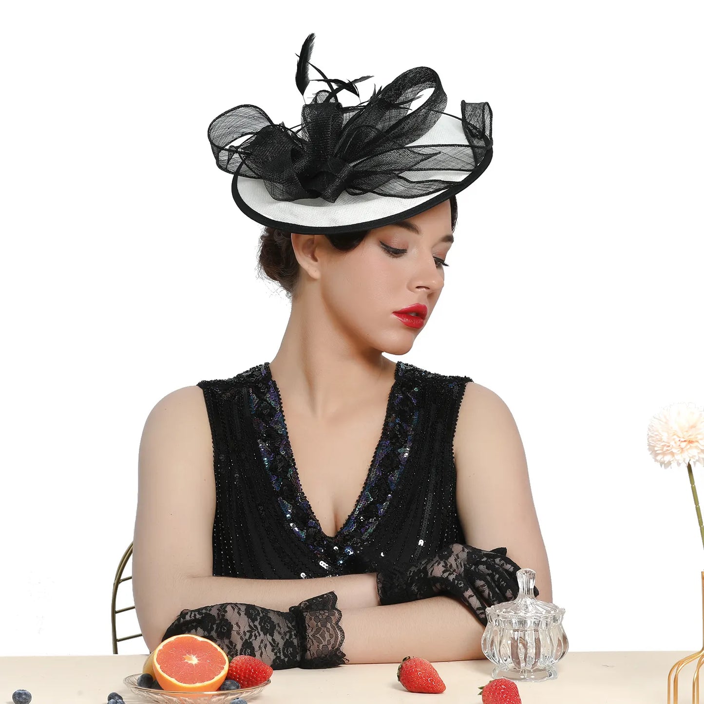 Women's Tea Party Wedding Derby Hat Wider Brim with Feather 69040