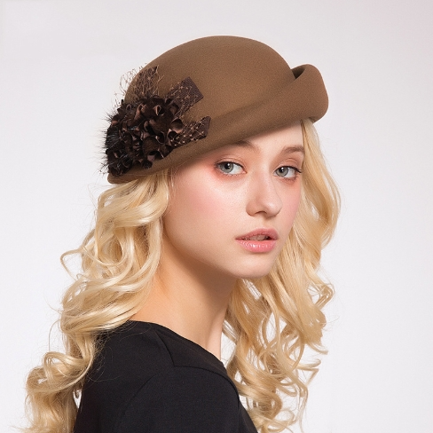 Women's Wool Pillbox French Beret Fashion Luxury Caps With Flower Decoration