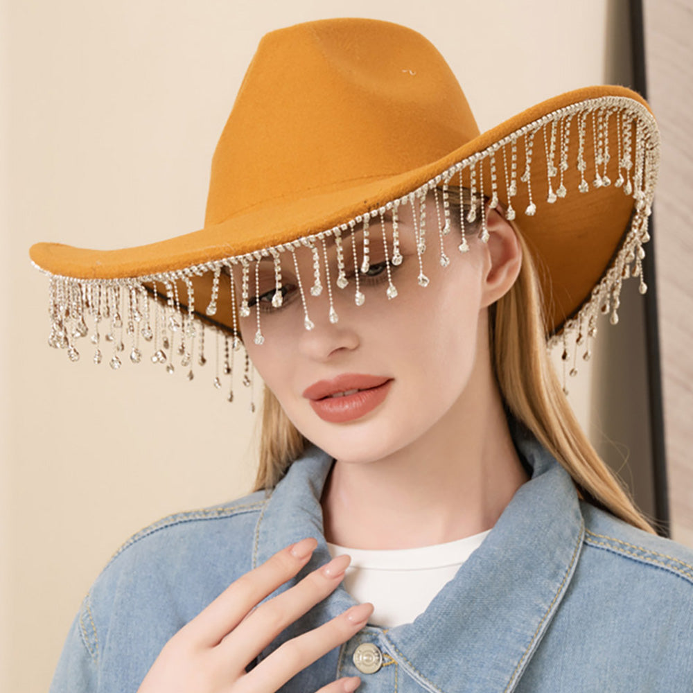 Rhinestone Cowgirl Hat Diamond Fringe Western Hat for Women