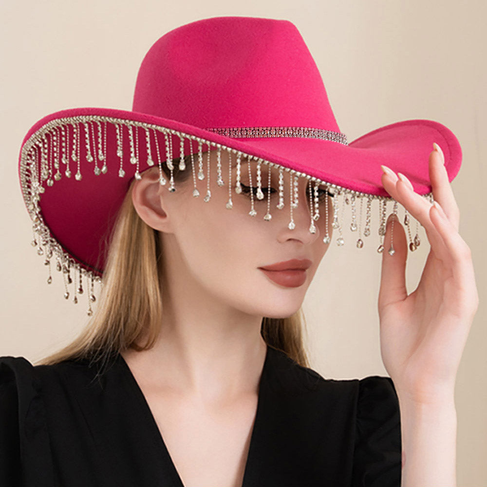 Rhinestone Cowgirl Hat Diamond Fringe Western Hat for Women