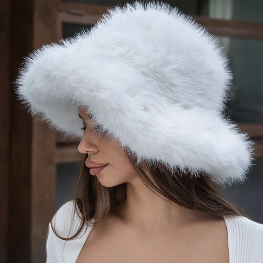 Women's Fuzzy Wide Brim Faux Fur Winter Bucket Hat LF101