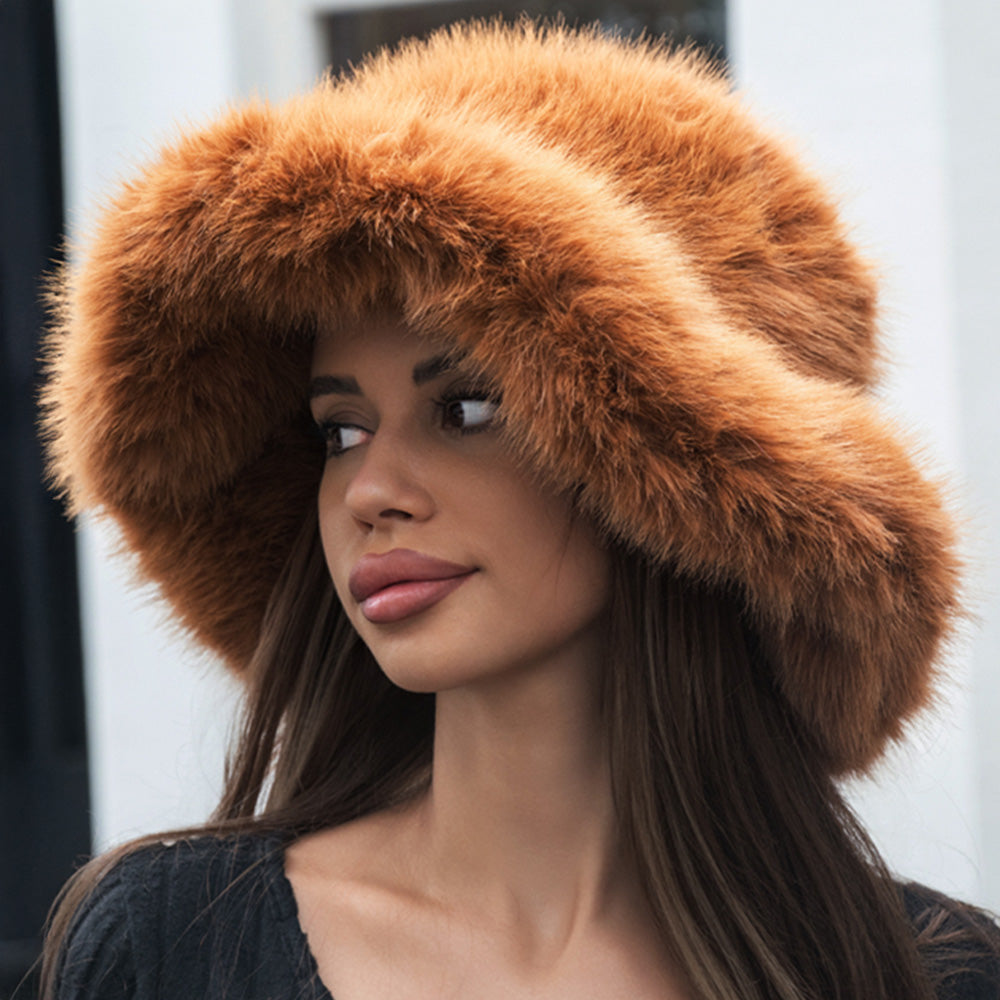 Women's Fuzzy Wide Brim Faux Fur Winter Bucket Hat LF101