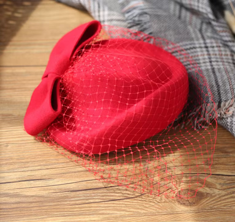 Women's Fashion Mesh Veil Wool Felt Dress Hat