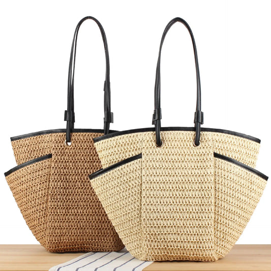 Women's Woven Basket Straw Beach Bag with 3 Pocket