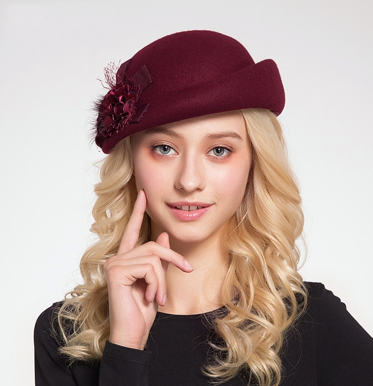 Women's Wool Pillbox French Beret Fashion Luxury Caps With Flower Decoration
