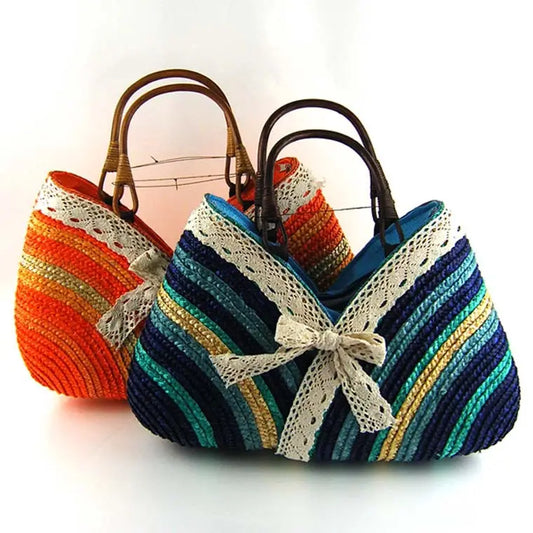 Women's Lace Edge Rattan Colorful Striped Straw Tote Beach Bag with Zipper Closesure