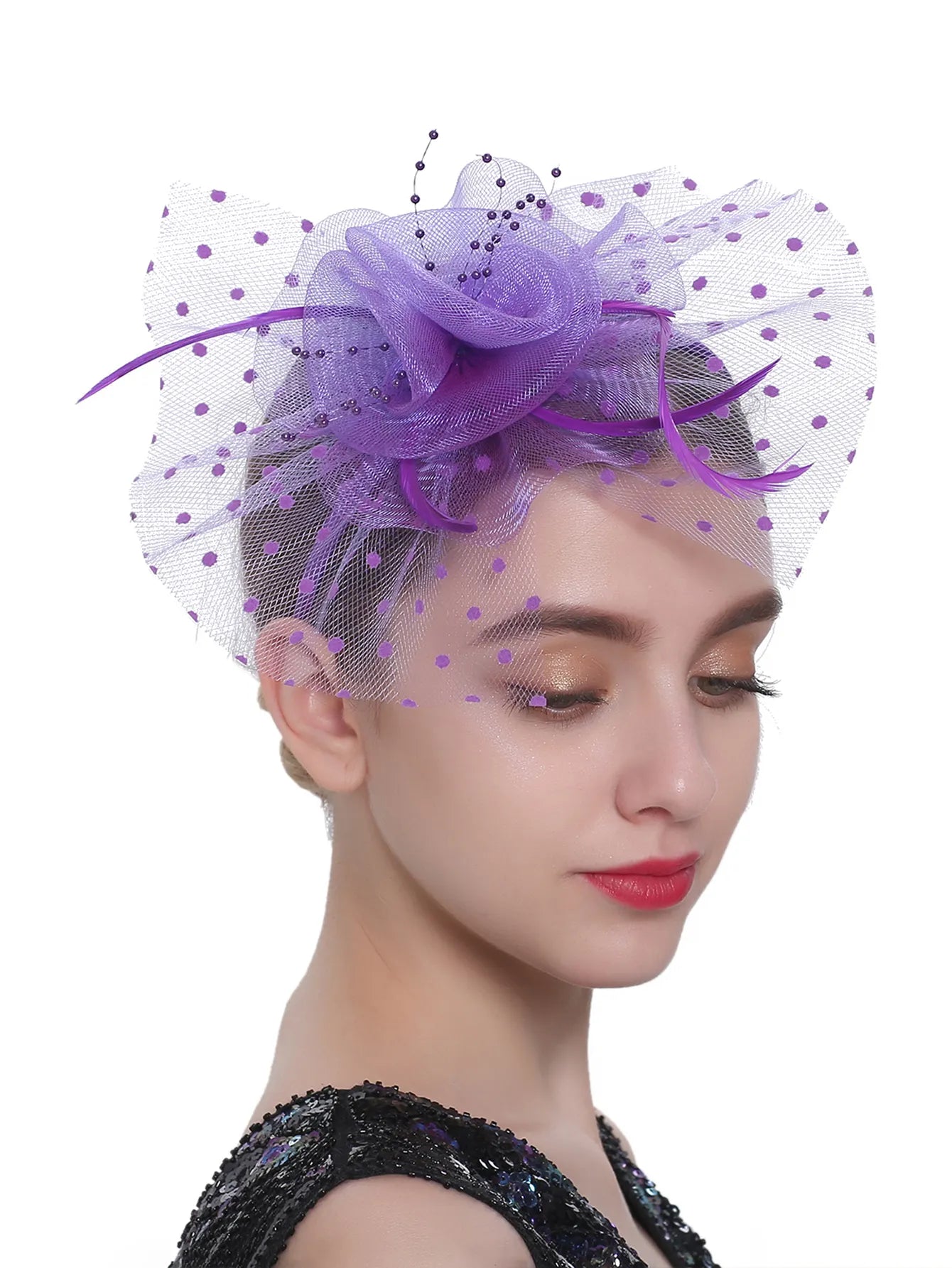 Women's Simple Polka Dot Small Fascinator Cute Bow Feather 65099