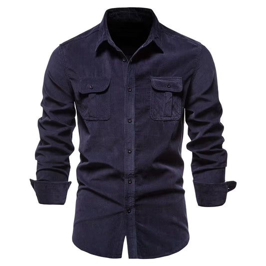 Men's Corduroy Shirts Long Sleeve Double Pockets Slim Fit