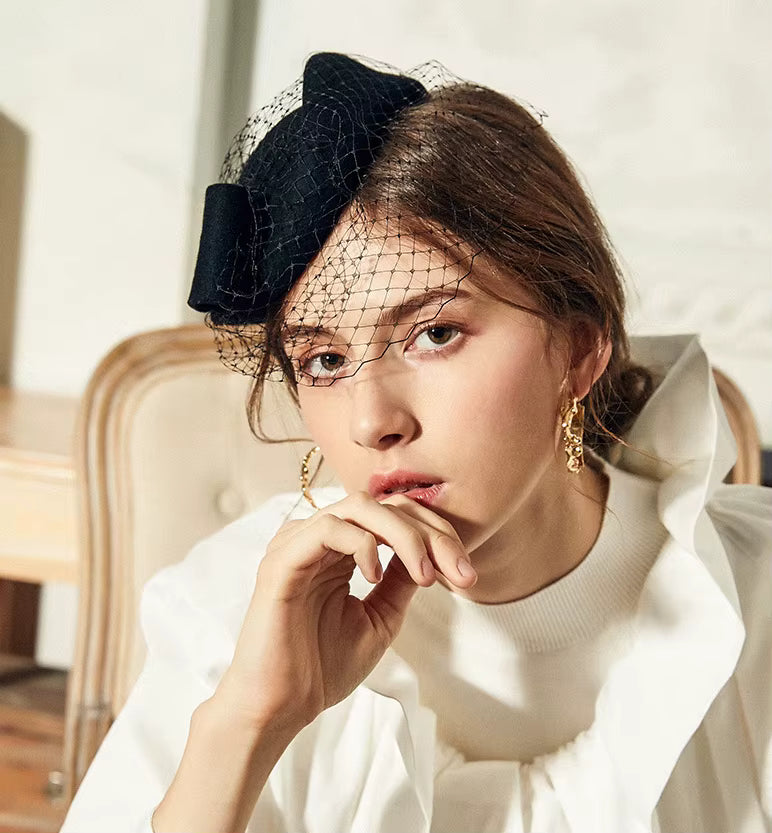 Women's Fashion Mesh Veil Wool Felt Dress Hat