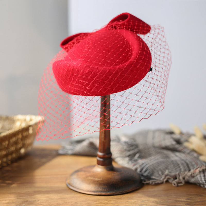 Women's Fashion Mesh Veil Wool Felt Dress Hat