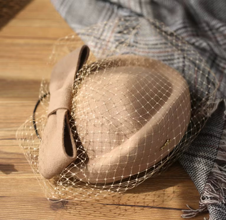 Women's Fashion Mesh Veil Wool Felt Dress Hat