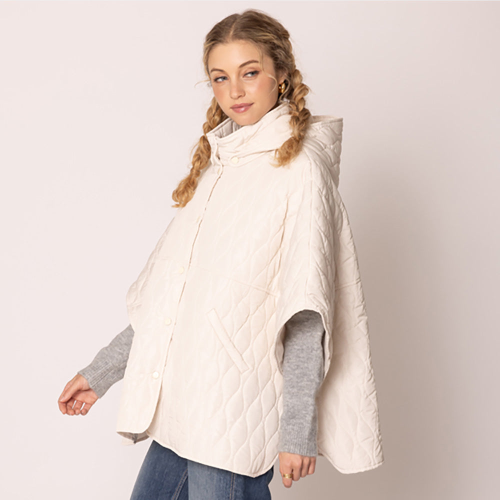 Women's Quilted Wave Pattern Padded Cape with Detachable Hoodie