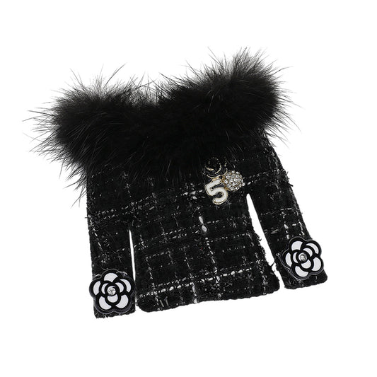 Black White  Plaid Brooch with Faux Fur Tweed Jacket