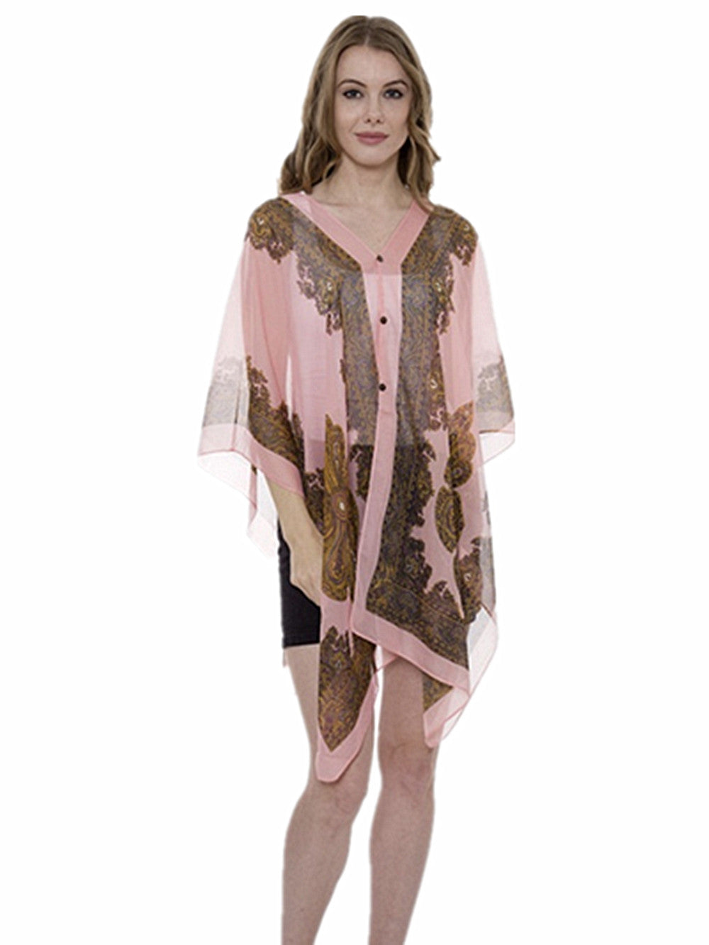 Women's Summer Beach Loose Fit Print Lightweight Sheer Chiffon Swimwear Pull On Top with Pearl Buttons 2 in 1 Style