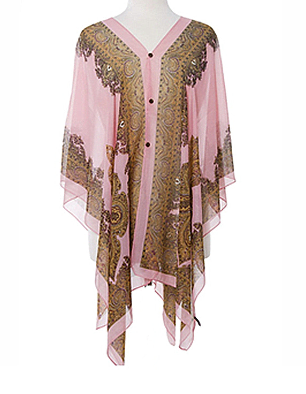 Women's Summer Beach Loose Fit Print Lightweight Sheer Chiffon Swimwear Pull On Top with Pearl Buttons 2 in 1 Style