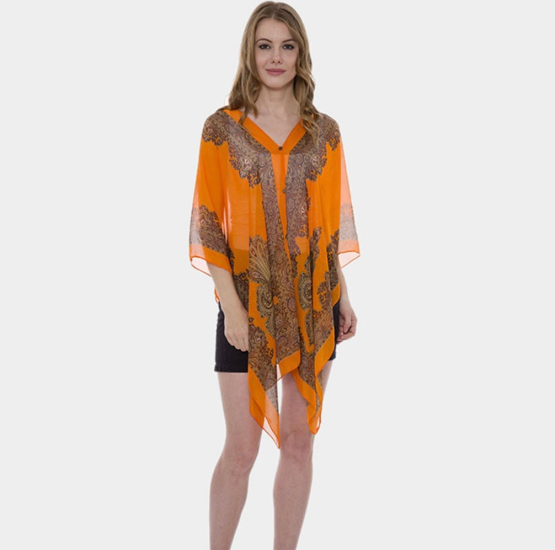 Women's Summer Beach Loose Fit Print Lightweight Sheer Chiffon Swimwear Pull On Top with Pearl Buttons 2 in 1 Style