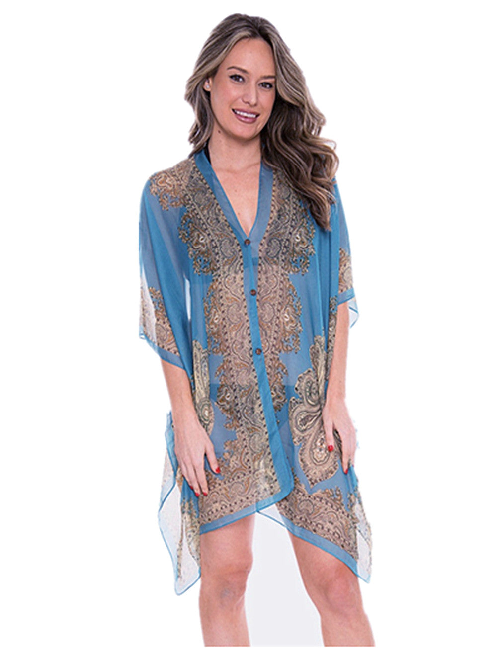 Women's Summer Beach Loose Fit Print Lightweight Sheer Chiffon Swimwear Pull On Top with Pearl Buttons 2 in 1 Style