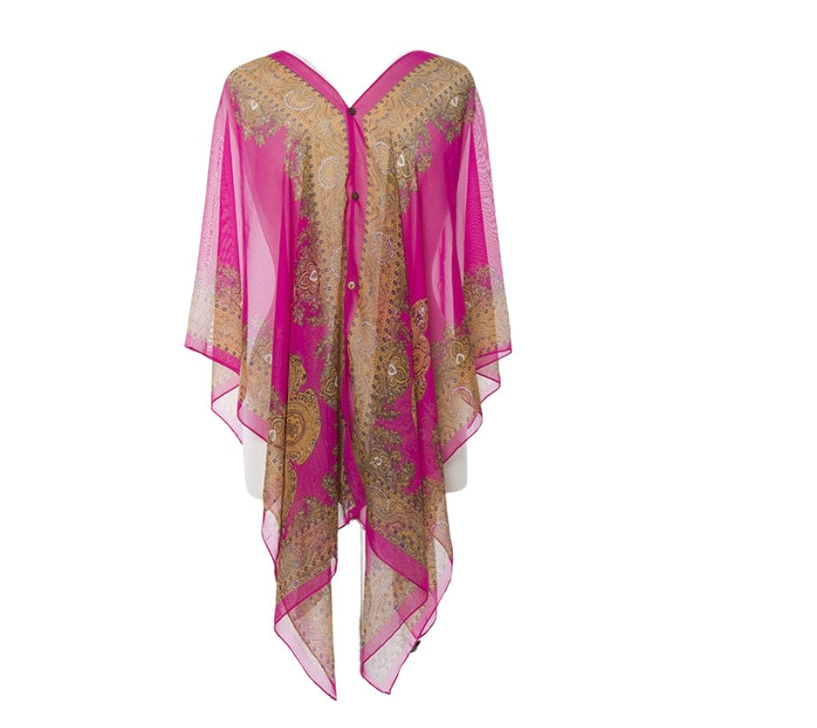 Women's Summer Beach Loose Fit Print Lightweight Sheer Chiffon Swimwear Pull On Top with Pearl Buttons 2 in 1 Style