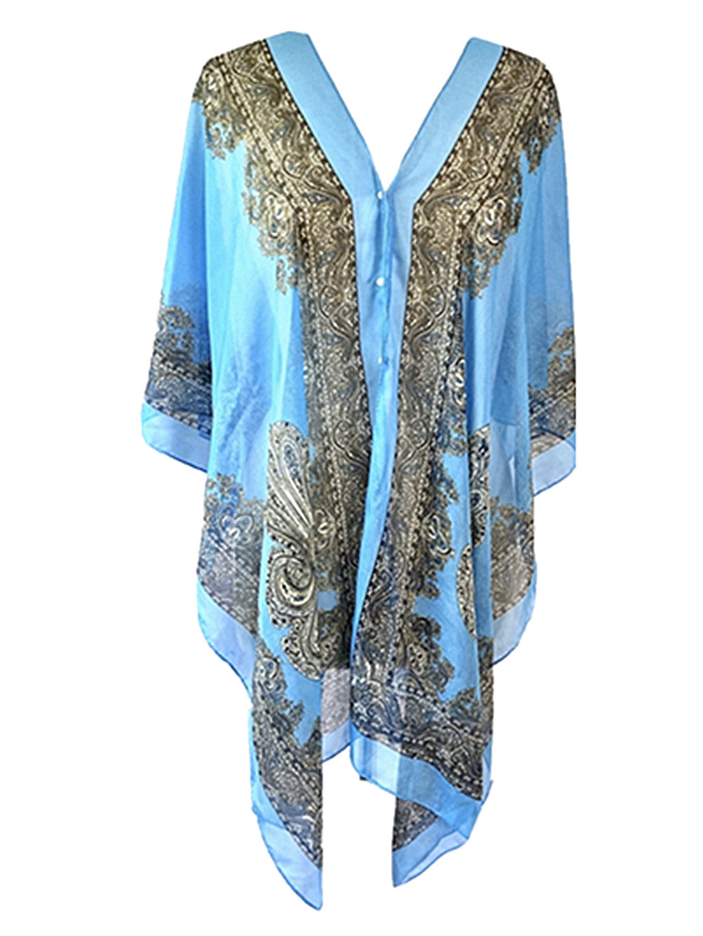 Women's Summer Beach Loose Fit Print Lightweight Sheer Chiffon Swimwear Pull On Top with Pearl Buttons 2 in 1 Style