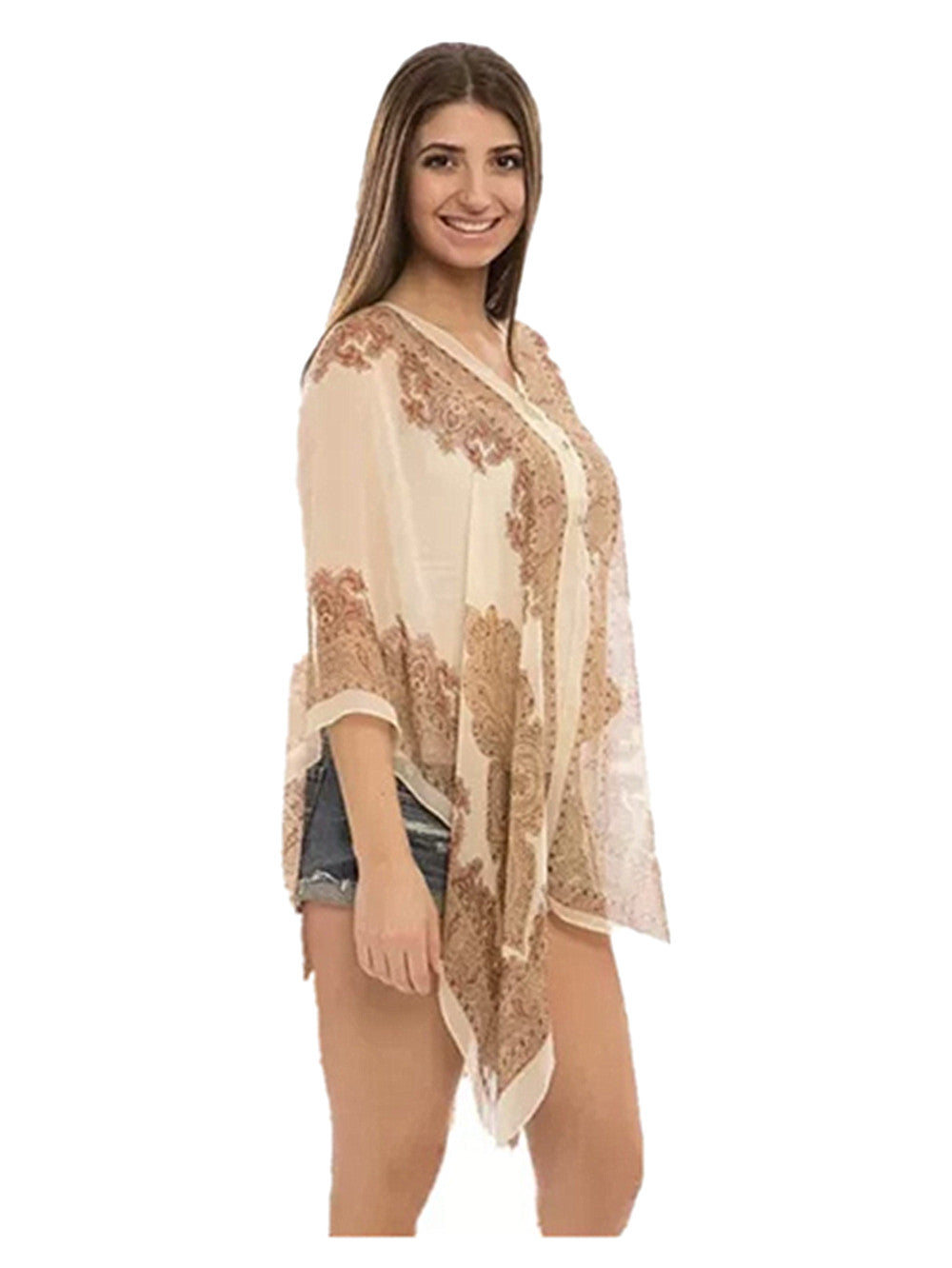 Women's Summer Beach Loose Fit Print Lightweight Sheer Chiffon Swimwear Pull On Top with Pearl Buttons 2 in 1 Style