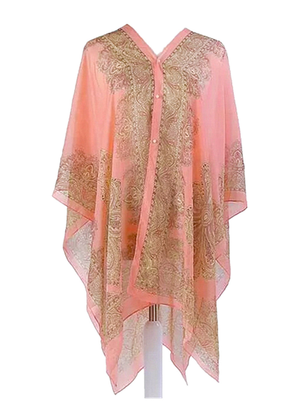 Women's Summer Beach Loose Fit Print Lightweight Sheer Chiffon Swimwear Pull On Top with Pearl Buttons 2 in 1 Style