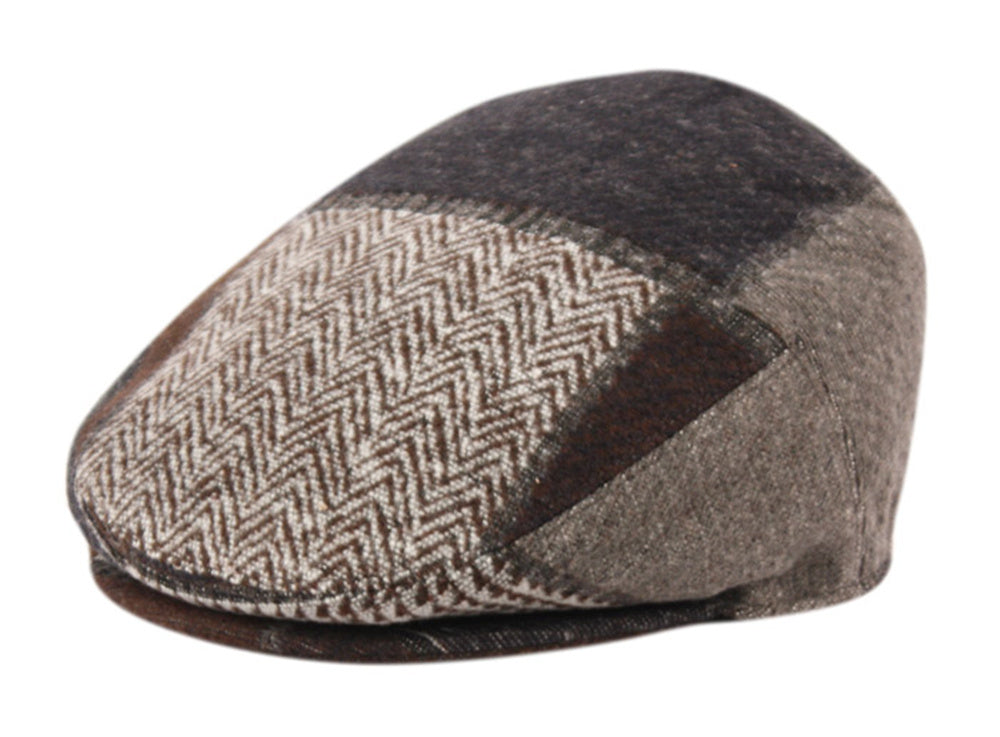 Men's Narrow Fit Tweed Herringbone Wool Patch Work Plaid Ivy Caps W/Cloth Fabric Lining