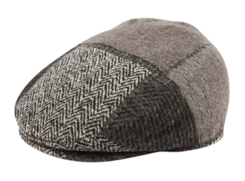 Men's Narrow Fit Tweed Herringbone Wool Patch Work Plaid Ivy Caps W/Cloth Fabric Lining