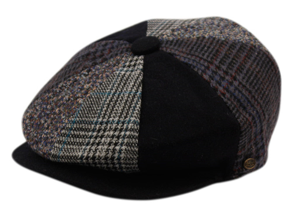 Wool Blend Patch Work Newsboy Cap With Quilted Satin Lining front snap button