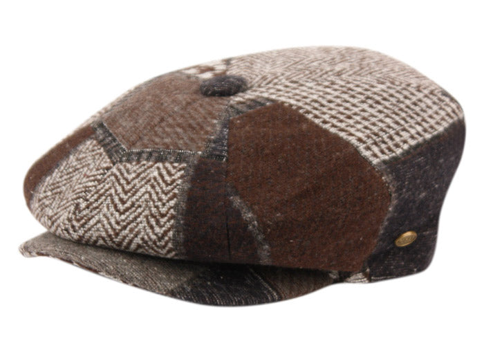 Wool Blend Patch Work Newsboy Cap With Quilted Satin Lining front snap button