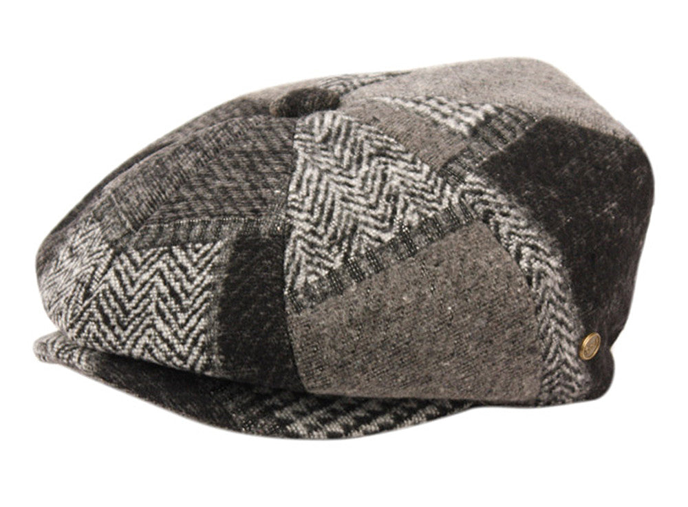 Wool Blend Patch Work Newsboy Cap With Quilted Satin Lining front snap button