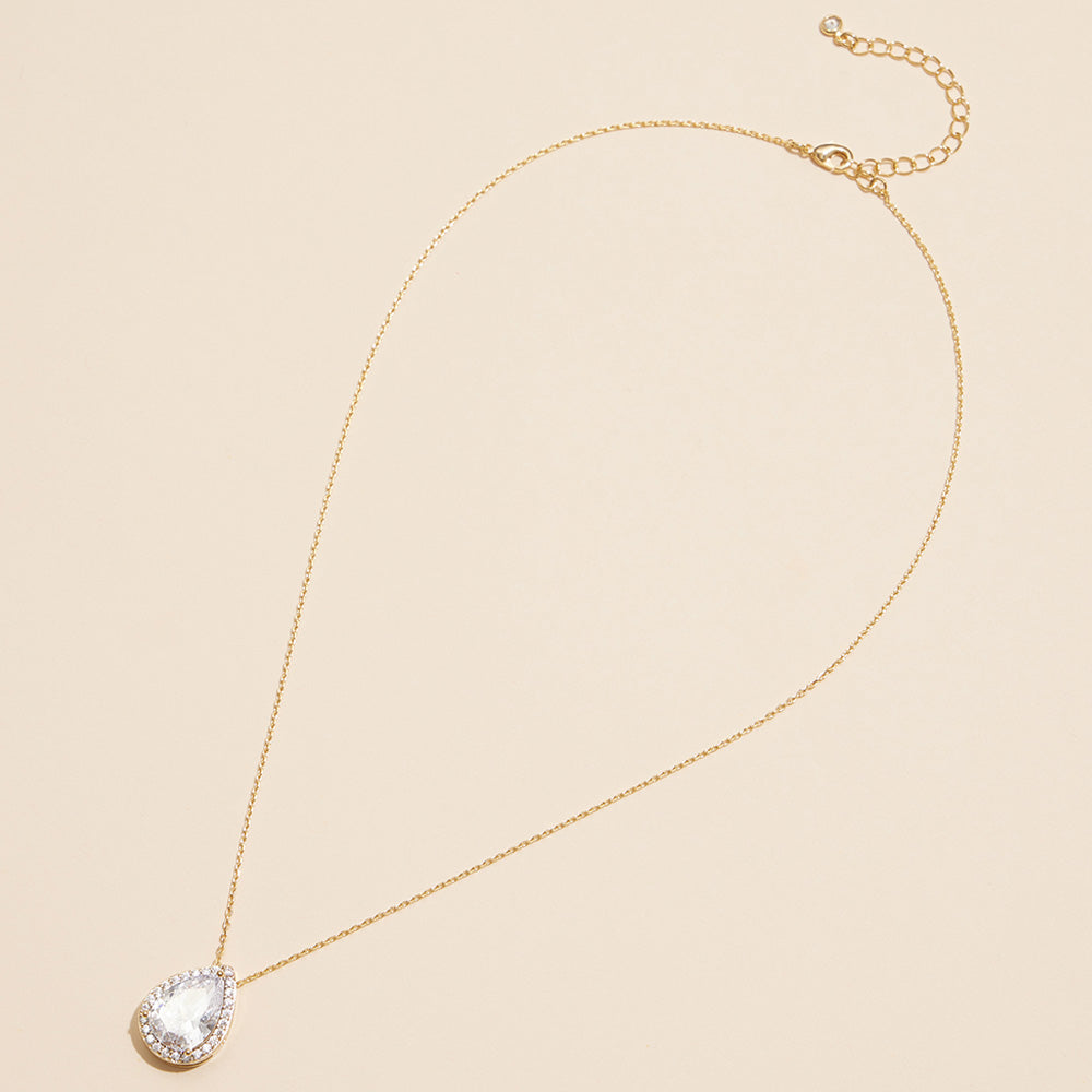 18K White Gold /Gold Dipped Teardrop Pave Pendant Necklace
