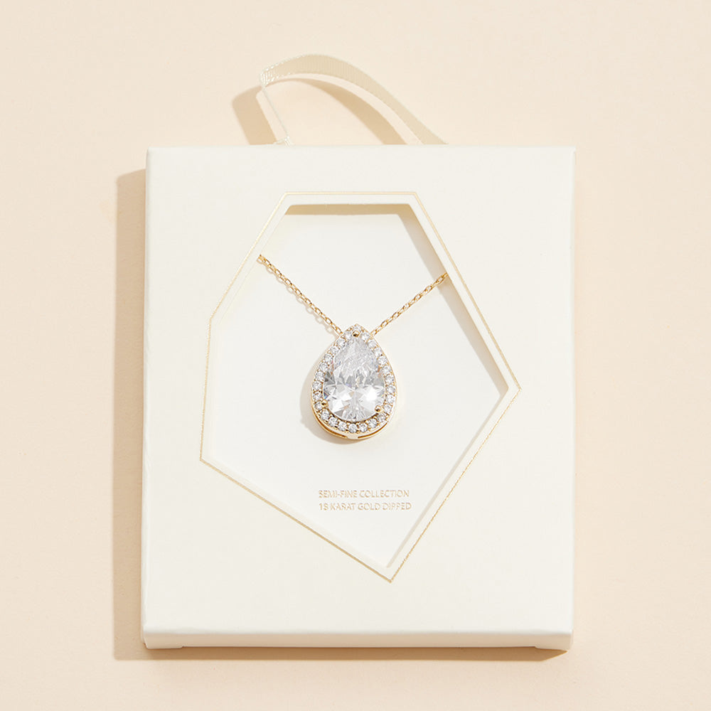 18K White Gold /Gold Dipped Teardrop Pave Pendant Necklace