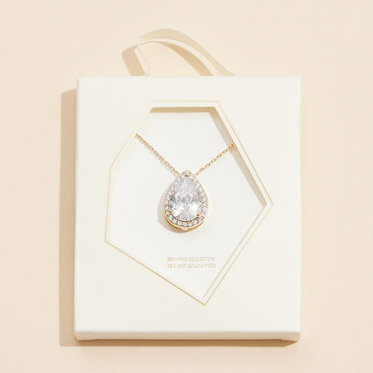 18K White Gold /Gold Dipped Teardrop Pave Pendant Necklace