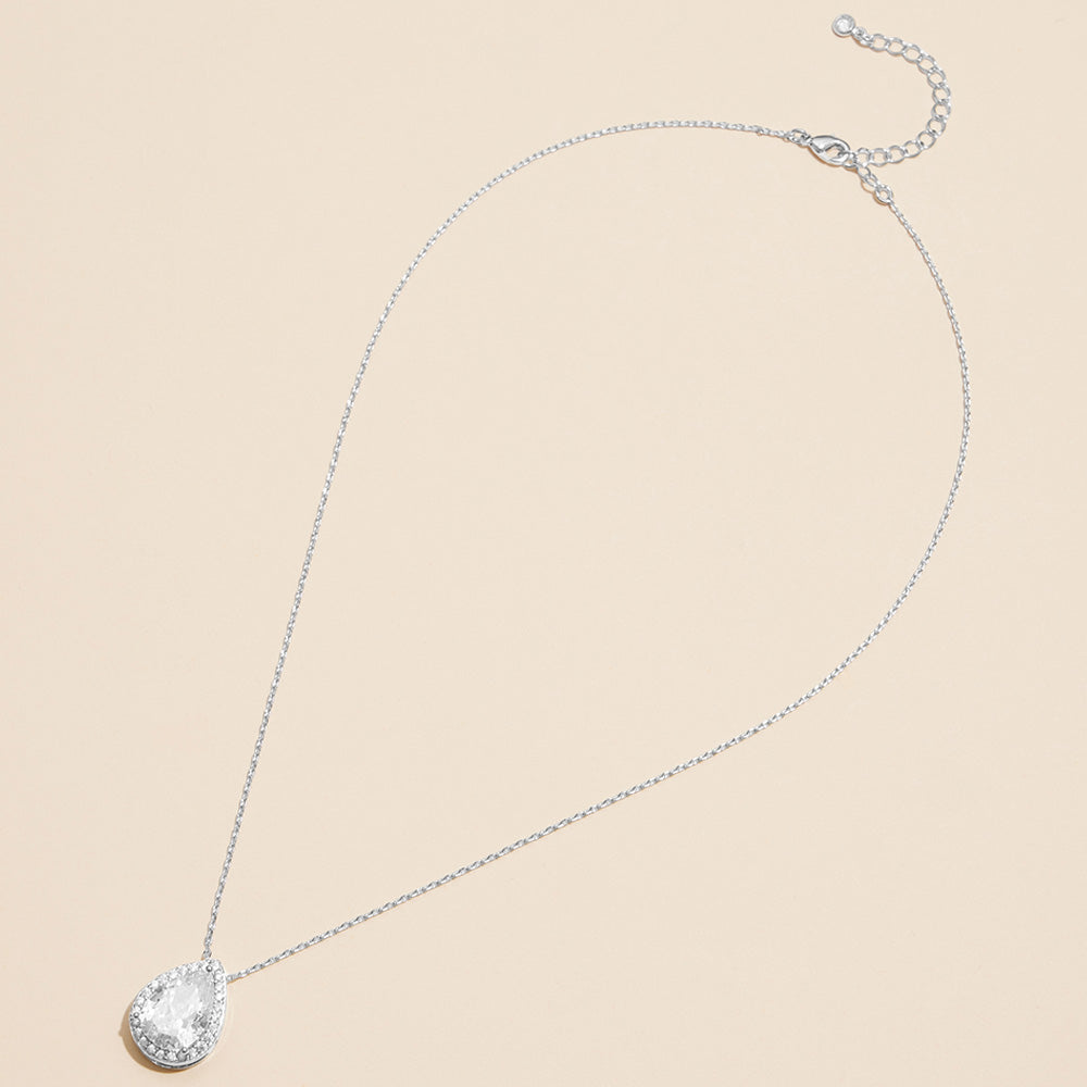 18K White Gold /Gold Dipped Teardrop Pave Pendant Necklace