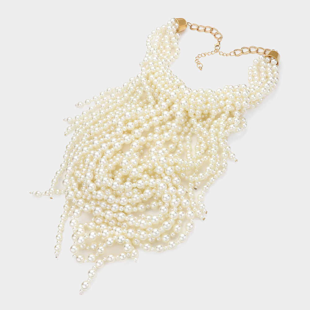 Women's Pearl Strand Fringe Bib Necklace