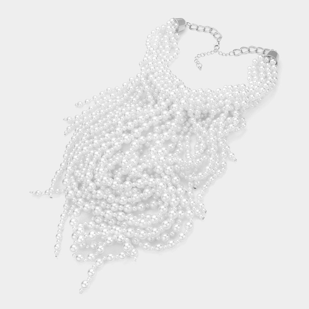 Women's Pearl Strand Fringe Bib Necklace