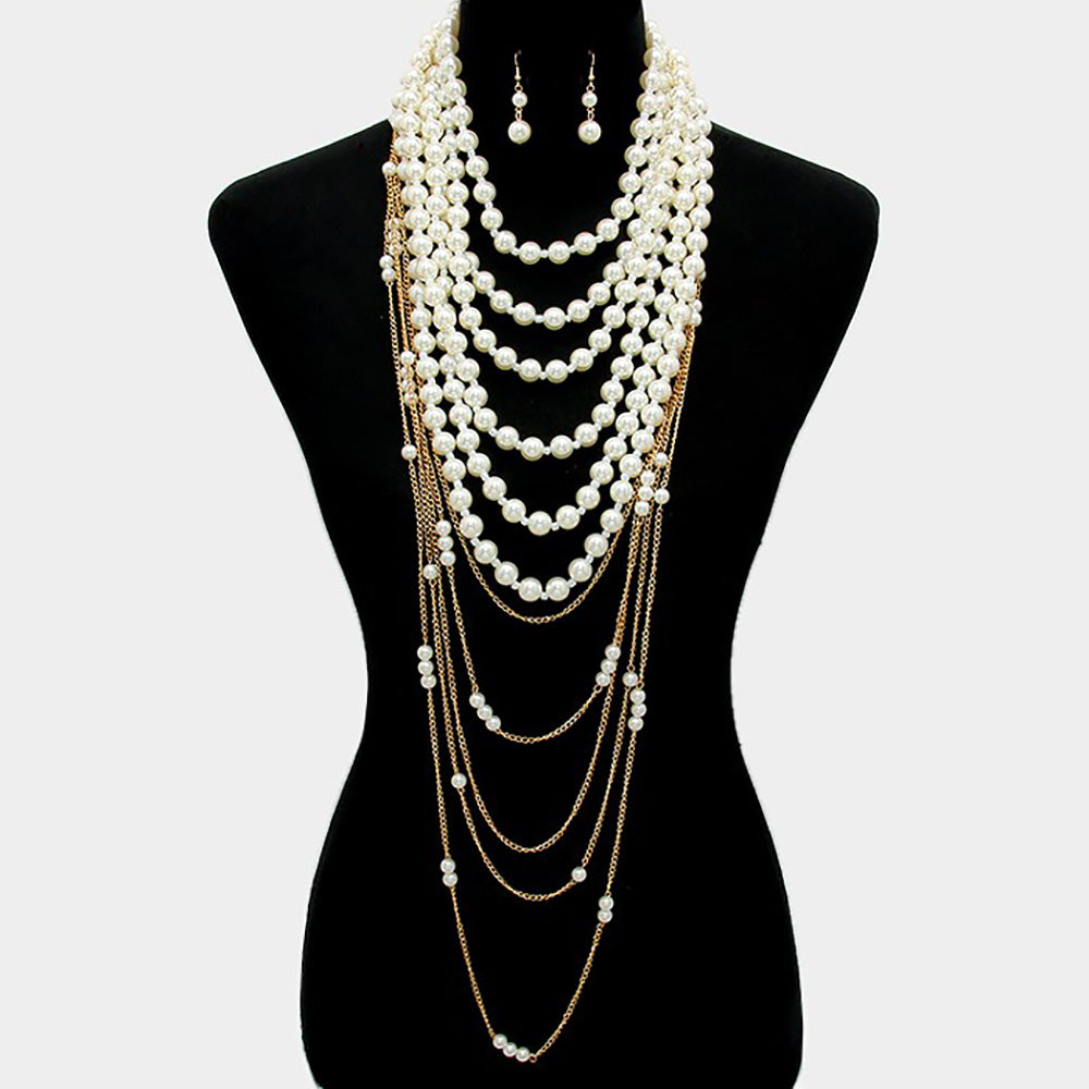 Draped Multi-Layer Pearl Strand Bib Necklace Two Ways of Wearing L17