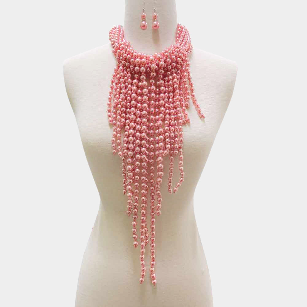 Women's Pearl Strand Fringe Bib Necklace