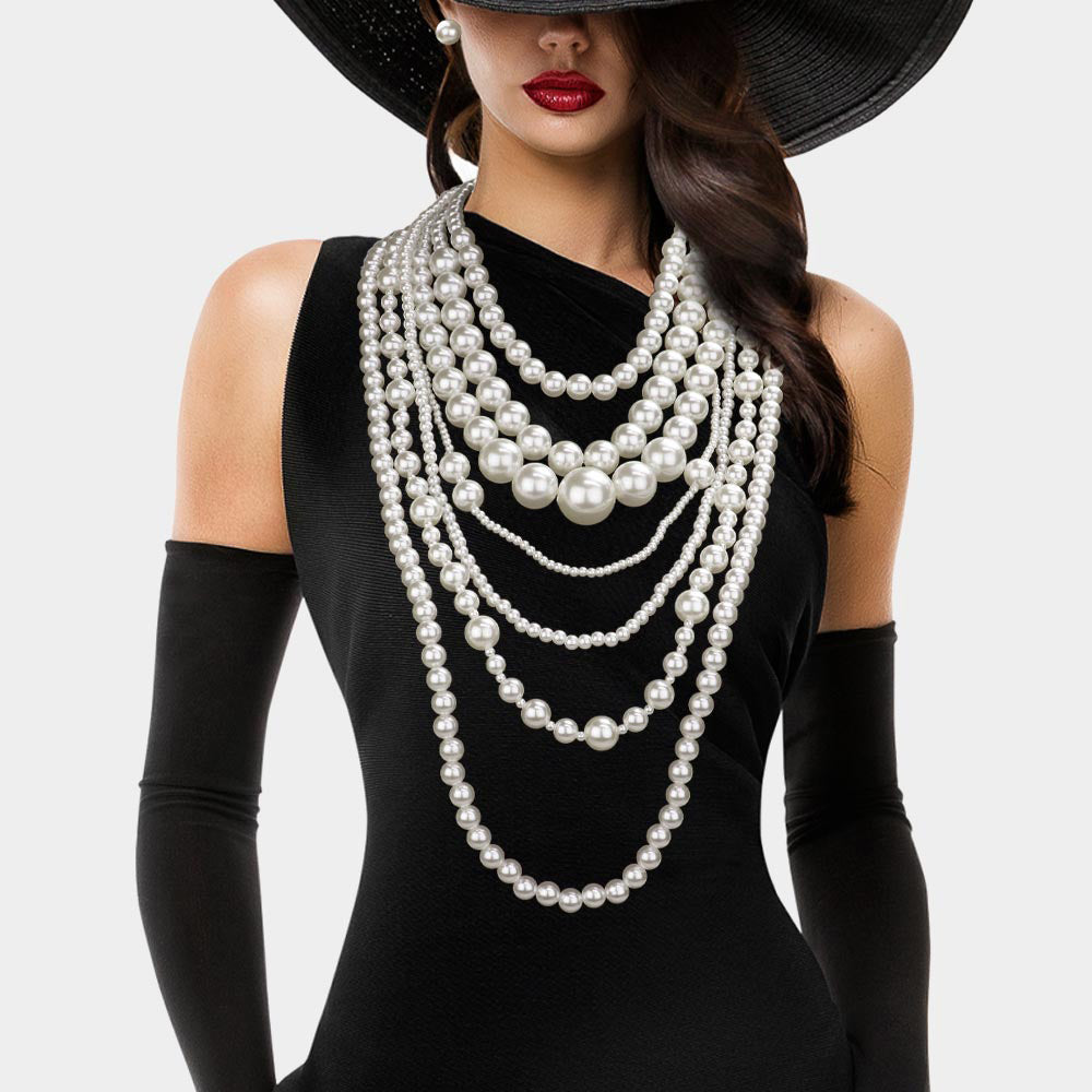 Multi Sized Pearl Beaded Layered Strand Statement Necklace with Earring L18
