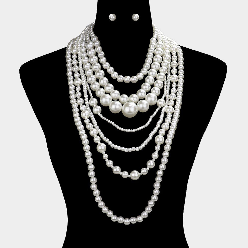 Multi Sized Pearl Beaded Layered Strand Statement Necklace with Earring L18
