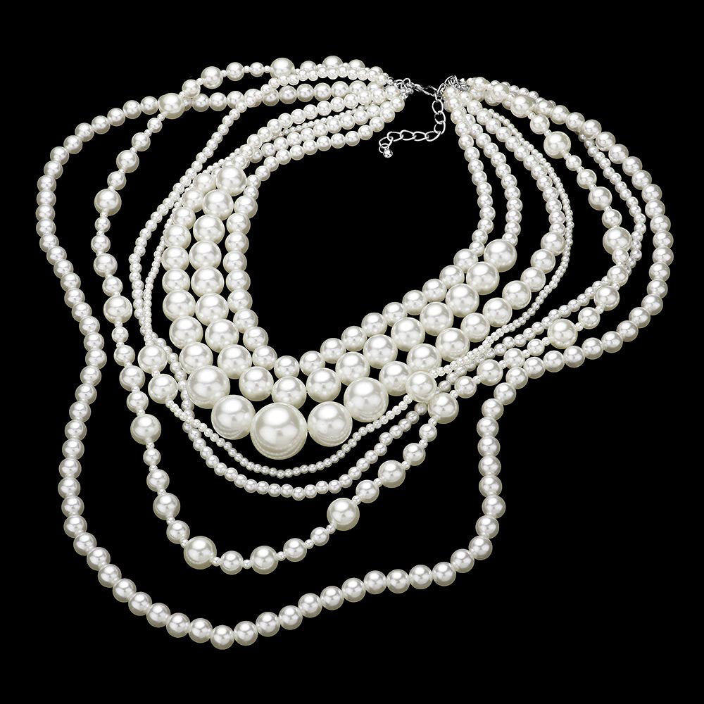 Multi Sized Pearl Beaded Layered Strand Statement Necklace with Earring L18