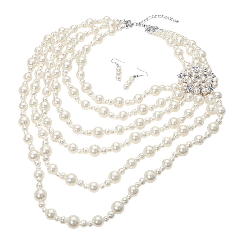 Floral Cluster Accent Pearl Layered Statement Necklace with Side Decor L182