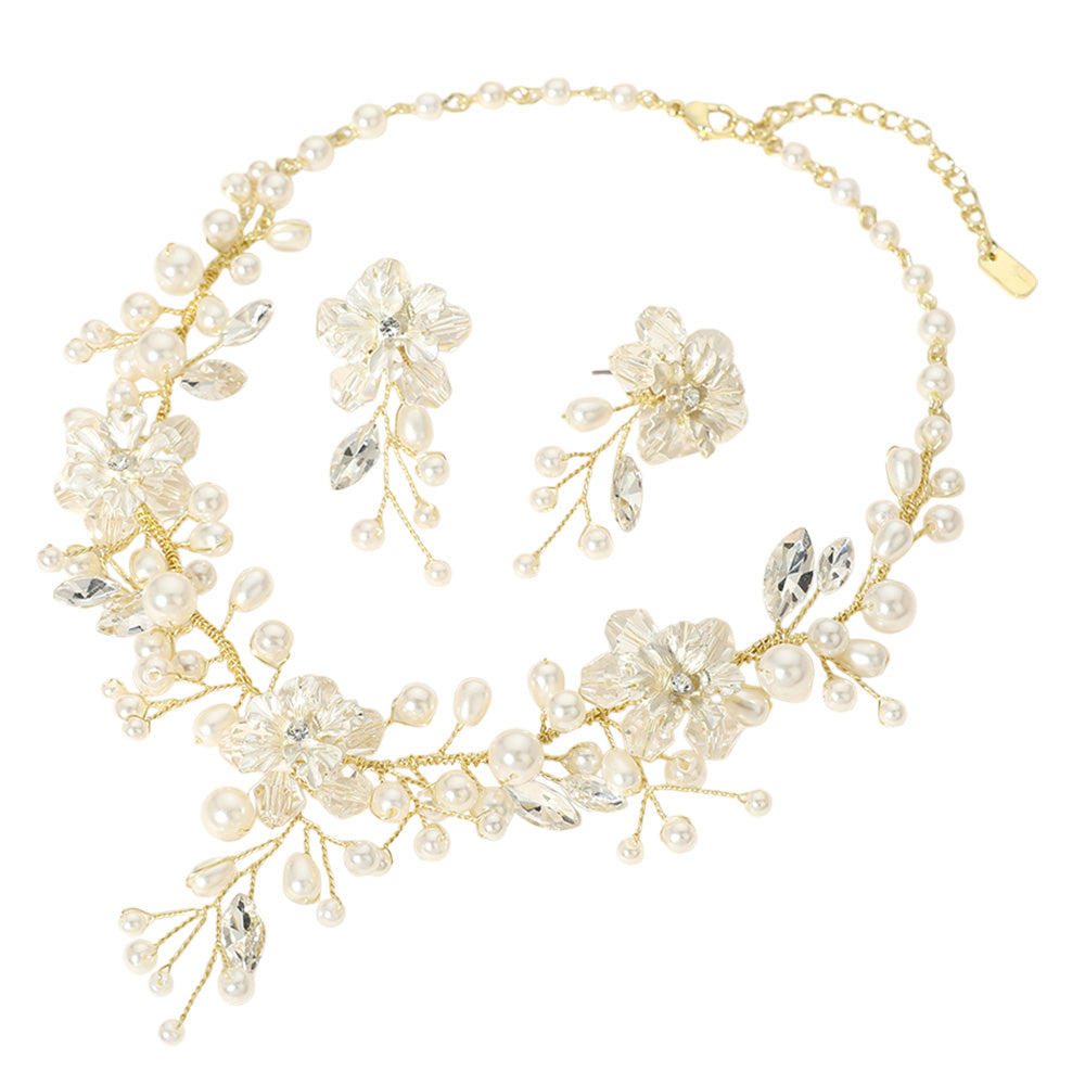 Wired Metal Flower Pearl Embellished Evening Necklace