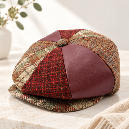 Men's 100% Wool Panels & PU Leather Patchwork Apple Hat – Newsboy Cap