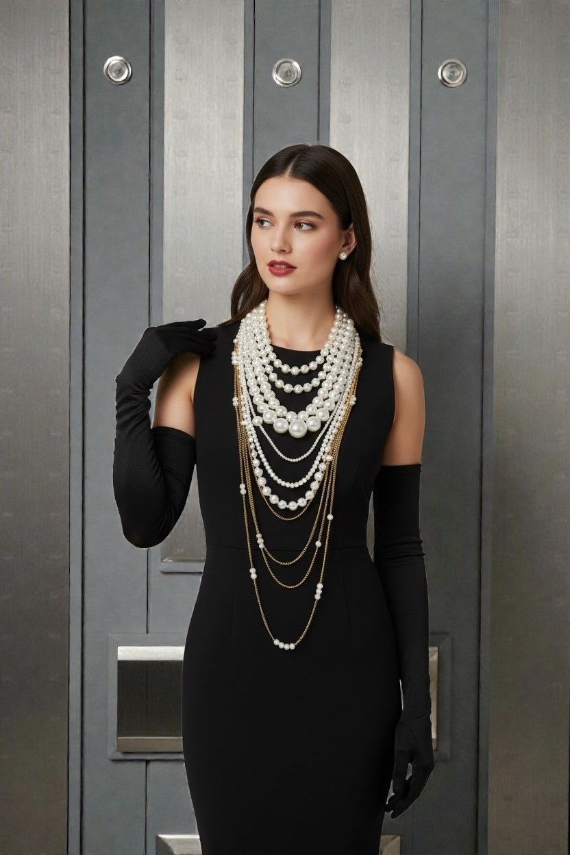 Draped Multi-Layer Pearl Strand Bib Necklace Two Ways of Wearing L17