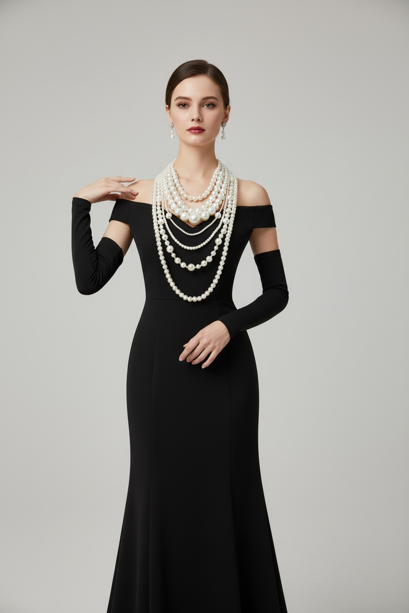 Multi Sized Pearl Beaded Layered Strand Statement Necklace with Earring L18