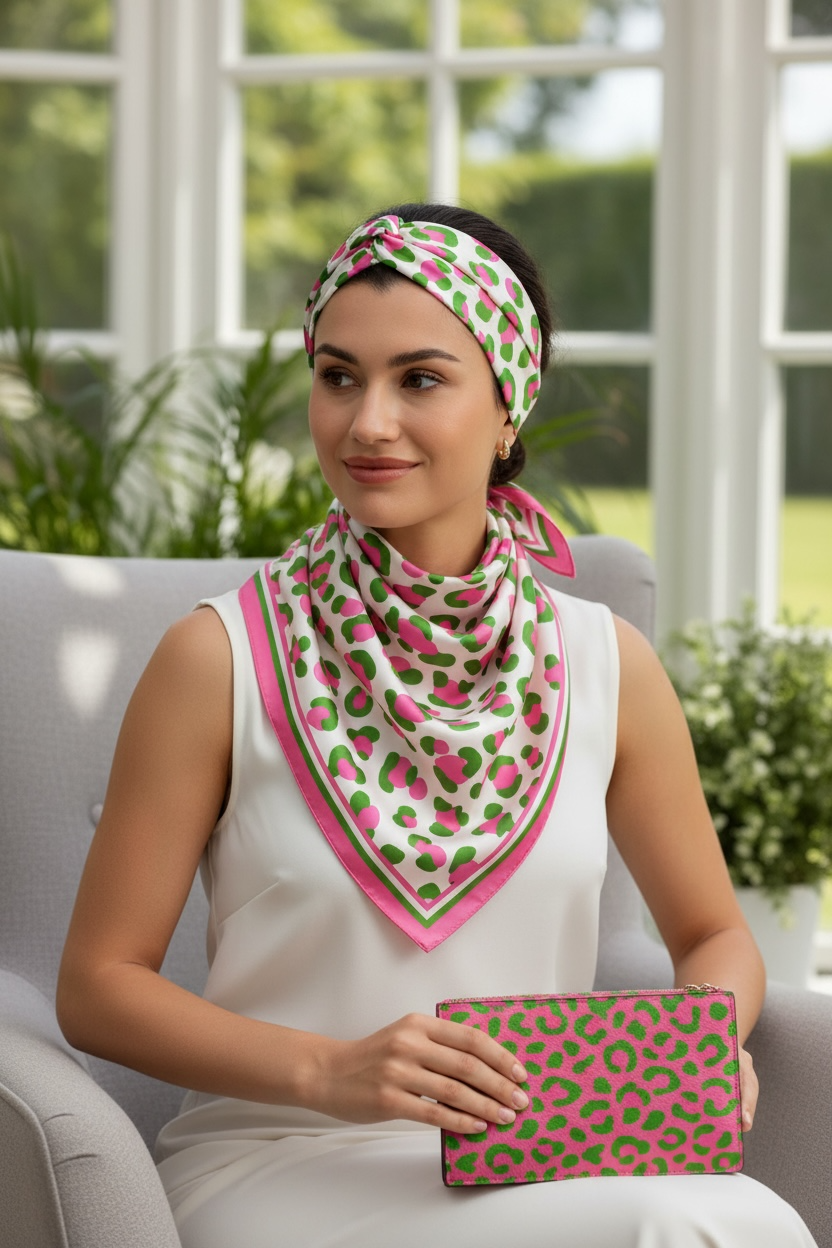 Leopard Pattern Printed Square Silky Satin Scarf Pink &Green